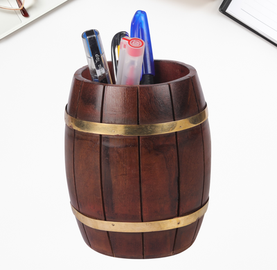 Handcrafted Sheesham Barrel Design Round Pen Stand